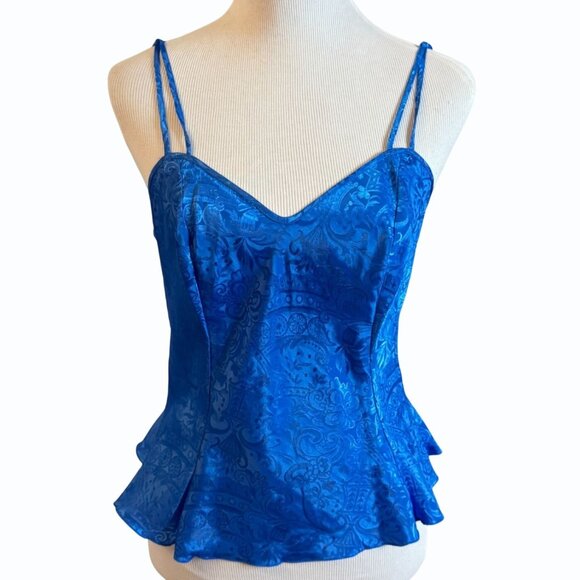 VTG Victorias Secret Blue Jacquard Cami Top Sz S Silky Satin Gold Label Strappy - Picture 1 of 9